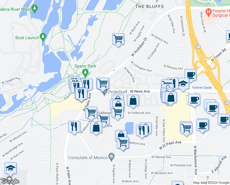 map of restaurants, bars, coffee shops, grocery stores, and more near 7798 North Ingram Avenue in Fresno