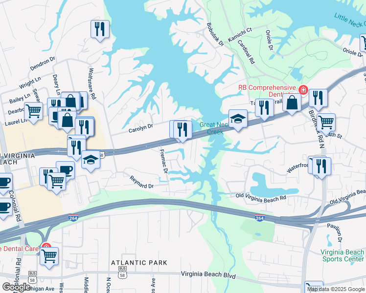 map of restaurants, bars, coffee shops, grocery stores, and more near 1353 Laskin Road in Virginia Beach