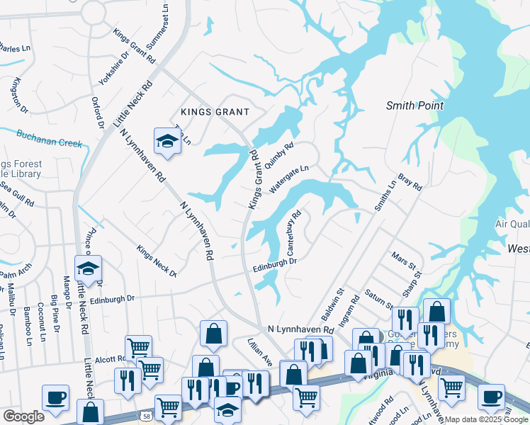 map of restaurants, bars, coffee shops, grocery stores, and more near 532 Melrose Circle in Virginia Beach