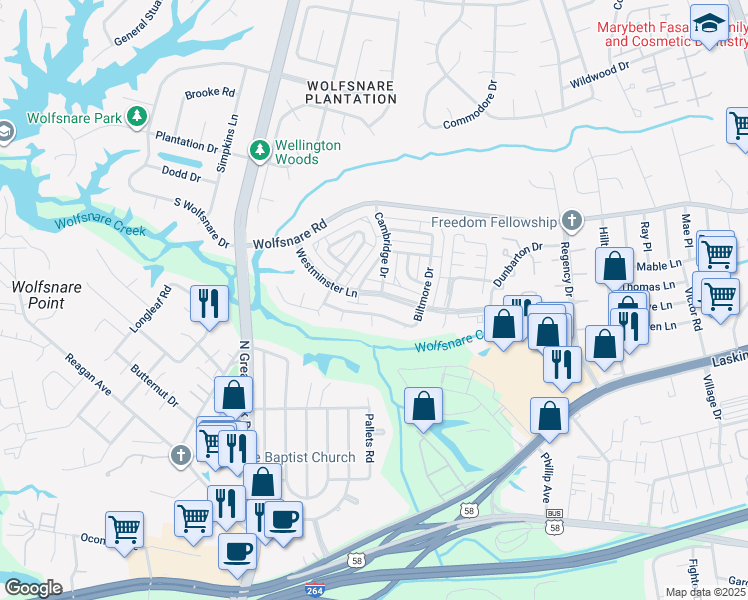 map of restaurants, bars, coffee shops, grocery stores, and more near 777 Westminster Lane in Virginia Beach