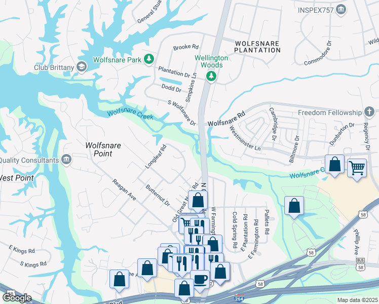 map of restaurants, bars, coffee shops, grocery stores, and more near 604 Malen Road in Virginia Beach