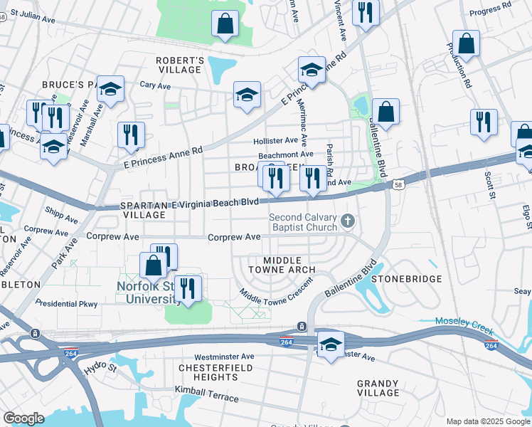 map of restaurants, bars, coffee shops, grocery stores, and more near 2737 East Virginia Beach Boulevard in Norfolk