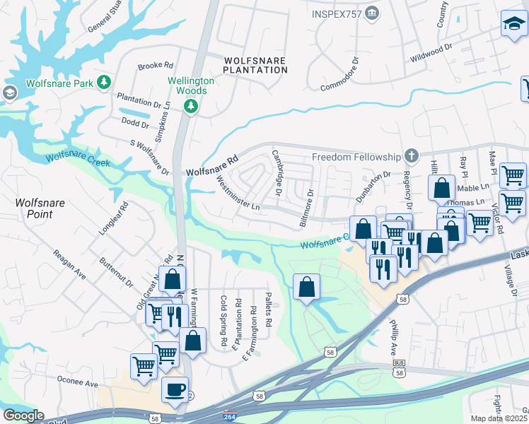 map of restaurants, bars, coffee shops, grocery stores, and more near 809 Westminster Lane in Virginia Beach