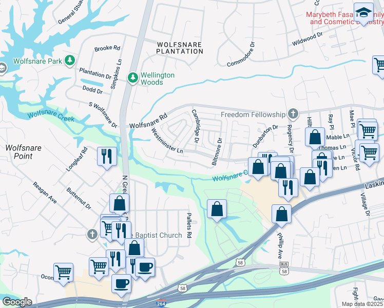 map of restaurants, bars, coffee shops, grocery stores, and more near 777 Westminster Lane in Virginia Beach