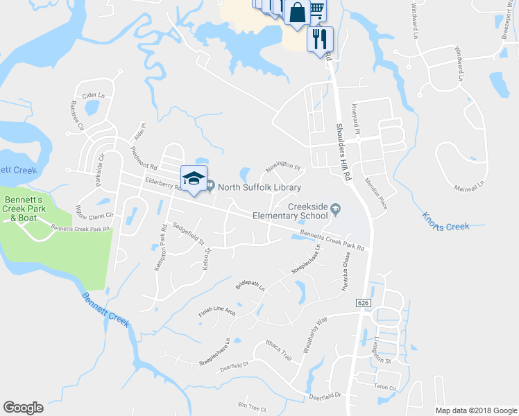 map of restaurants, bars, coffee shops, grocery stores, and more near 3027 Frederick Street in Suffolk