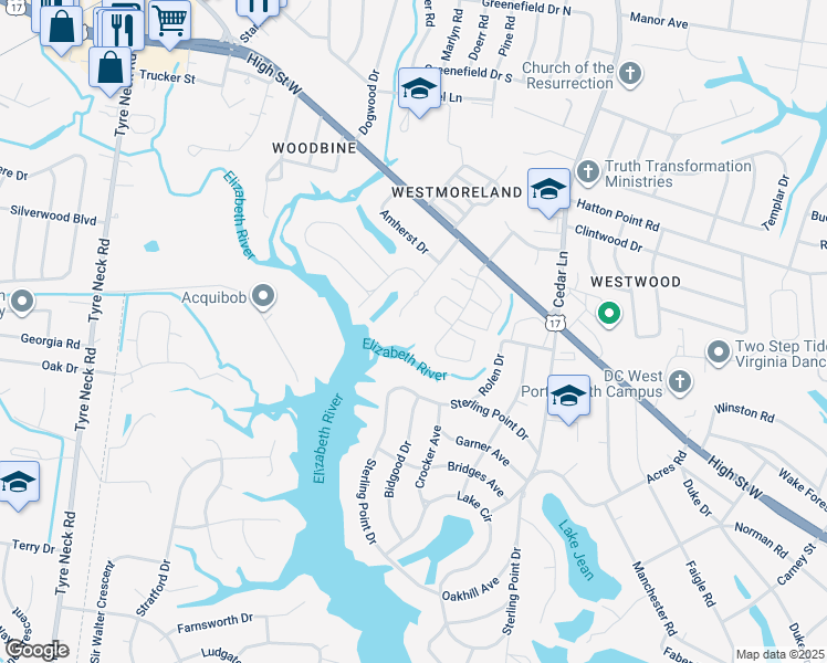 map of restaurants, bars, coffee shops, grocery stores, and more near 3001 Ferguson Drive in Portsmouth