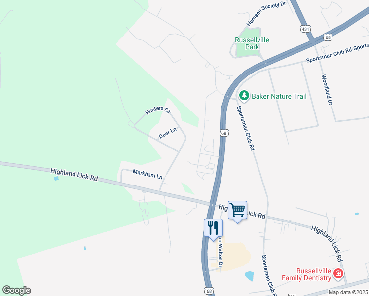 map of restaurants, bars, coffee shops, grocery stores, and more near 205 Hunters Circle in Russellville