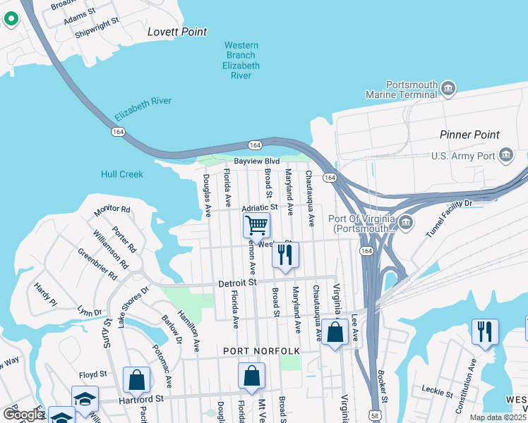 map of restaurants, bars, coffee shops, grocery stores, and more near 202 Broad Street in Portsmouth
