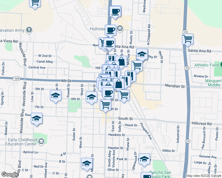 map of restaurants, bars, coffee shops, grocery stores, and more near 222 5th Street in Hollister