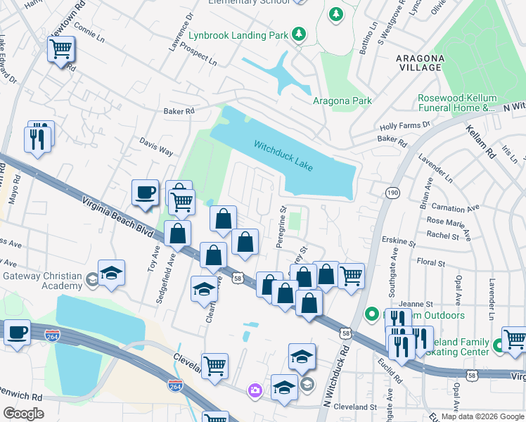 map of restaurants, bars, coffee shops, grocery stores, and more near 424 Adkins Arch in Virginia Beach