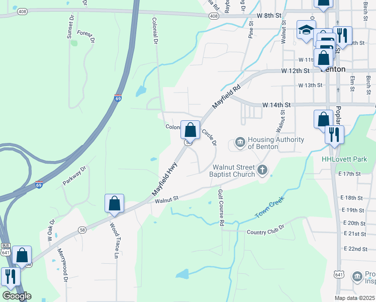 map of restaurants, bars, coffee shops, grocery stores, and more near 1-299 Highland Drive in Benton