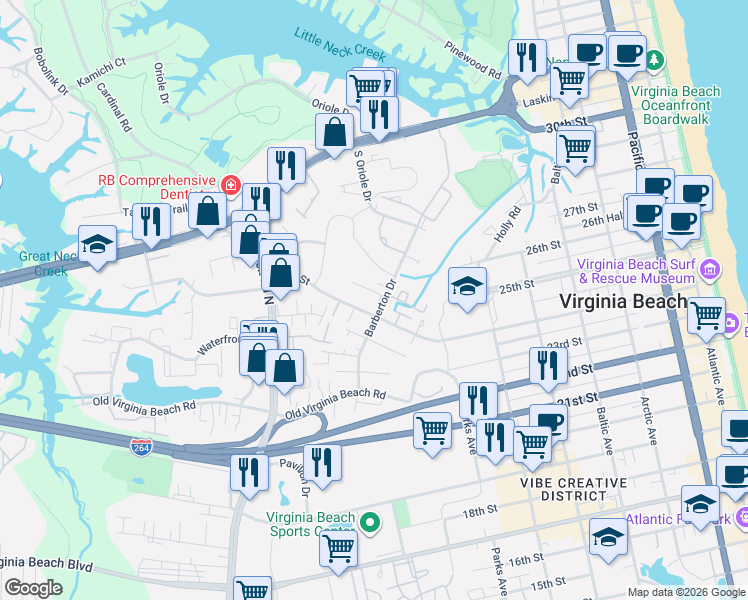 map of restaurants, bars, coffee shops, grocery stores, and more near 904 Barberton Court in Virginia Beach