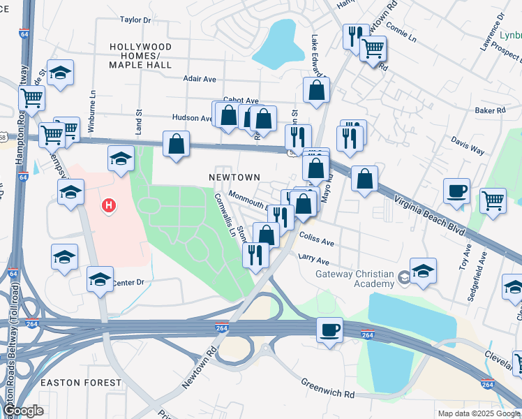 map of restaurants, bars, coffee shops, grocery stores, and more near 6606 Stoney Point North in Norfolk