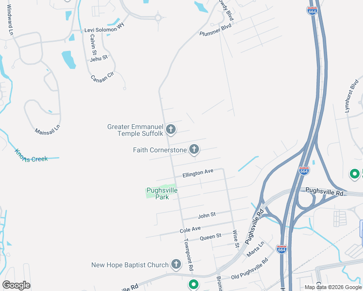 map of restaurants, bars, coffee shops, grocery stores, and more near 4424 Miles Avenue in Suffolk