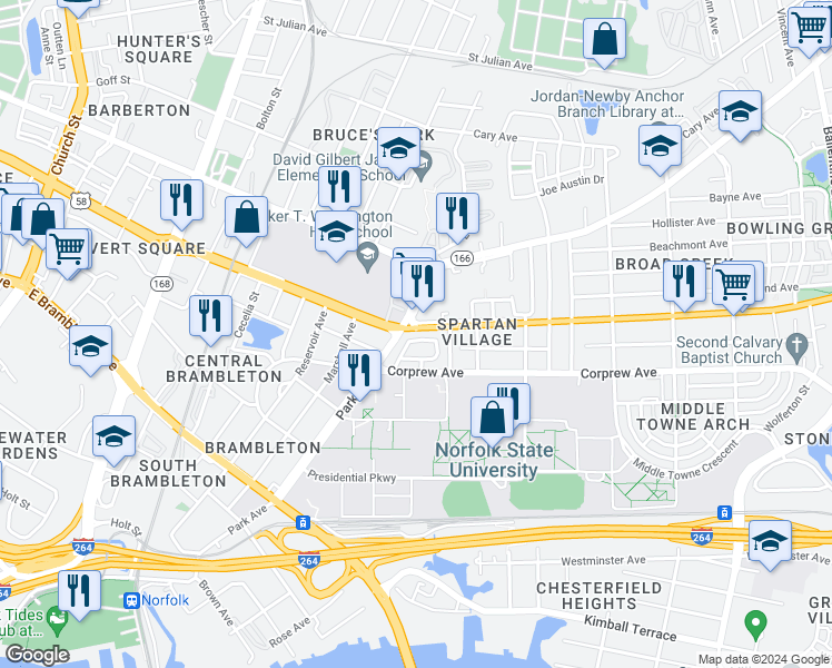 map of restaurants, bars, coffee shops, grocery stores, and more near 1666 Madison Avenue in Norfolk