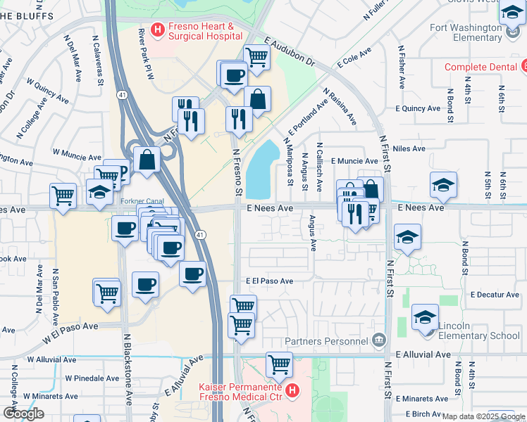 map of restaurants, bars, coffee shops, grocery stores, and more near in Fresno