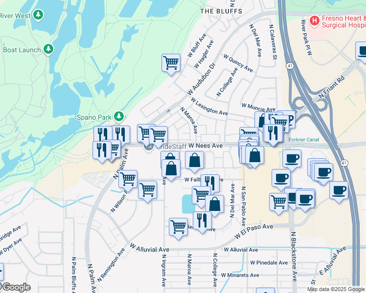 map of restaurants, bars, coffee shops, grocery stores, and more near 445 West Nees Avenue in Fresno