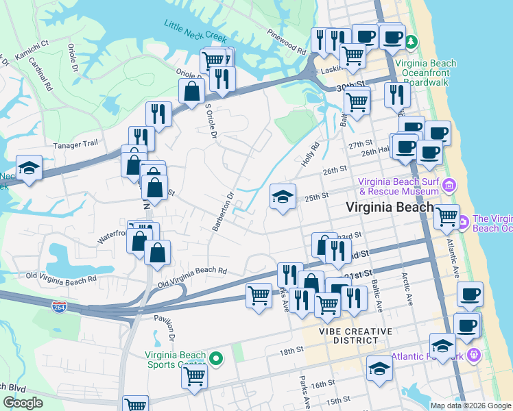 map of restaurants, bars, coffee shops, grocery stores, and more near 735 25th Street in Virginia Beach