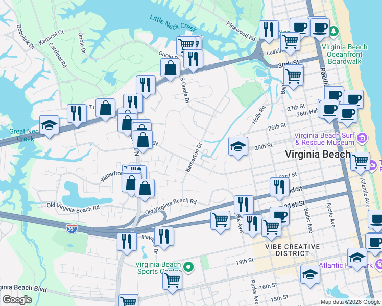 map of restaurants, bars, coffee shops, grocery stores, and more near 904 Barberton Court in Virginia Beach