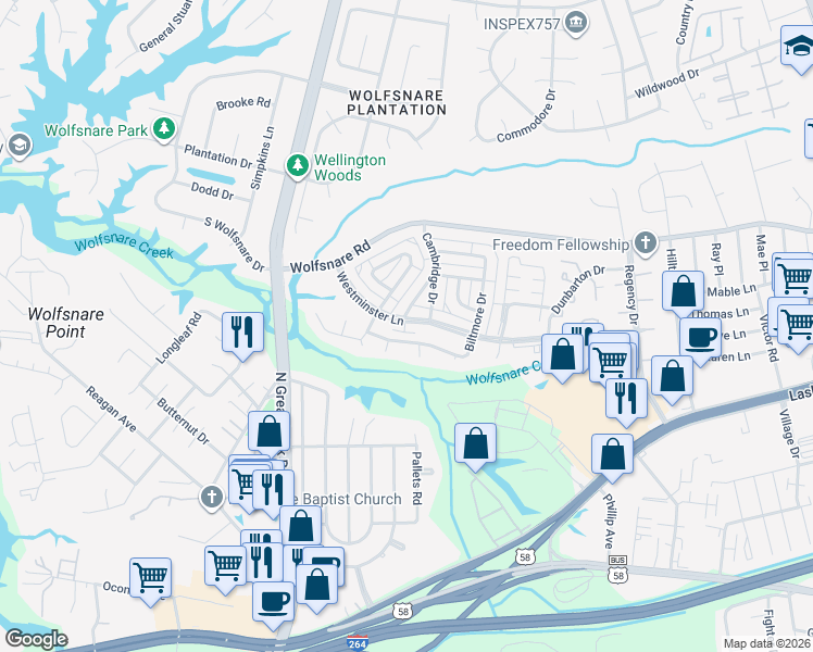 map of restaurants, bars, coffee shops, grocery stores, and more near 849 Westminster Lane in Virginia Beach