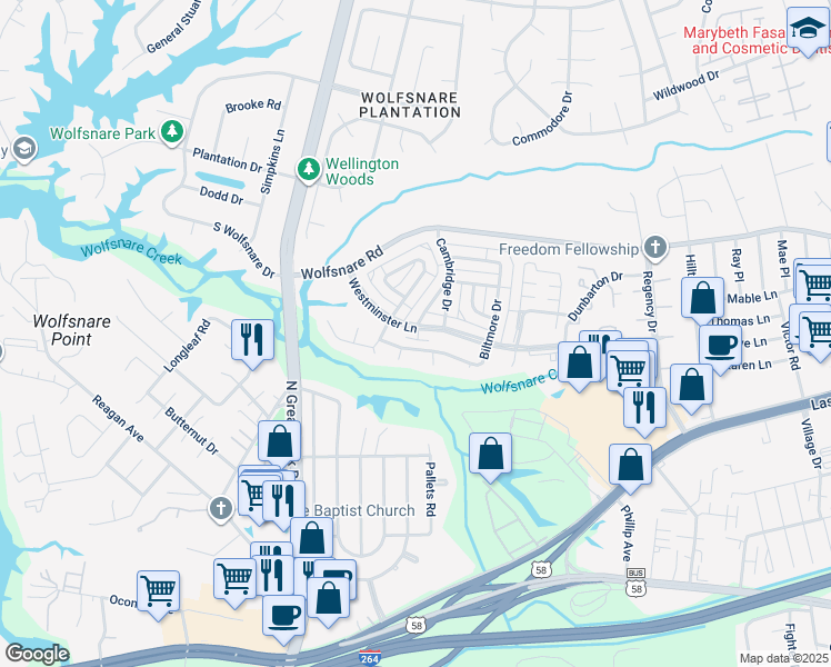 map of restaurants, bars, coffee shops, grocery stores, and more near 849 Westminster Lane in Virginia Beach