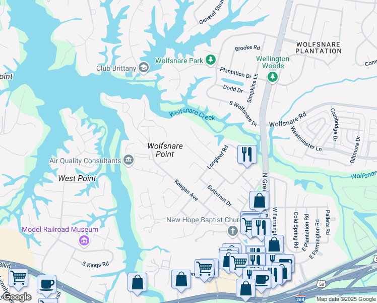 map of restaurants, bars, coffee shops, grocery stores, and more near 2529 Peritan Road in Virginia Beach