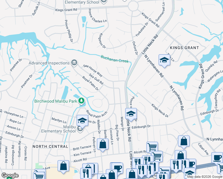 map of restaurants, bars, coffee shops, grocery stores, and more near 3412 Sea Gull Road in Virginia Beach