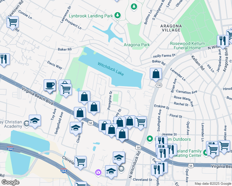 map of restaurants, bars, coffee shops, grocery stores, and more near 528 Peregrine Street in Virginia Beach