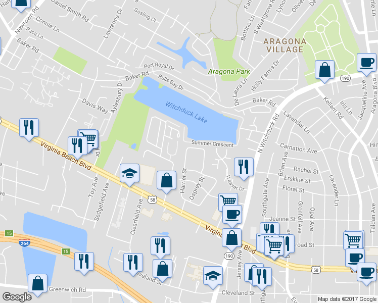 map of restaurants, bars, coffee shops, grocery stores, and more near 466 Peregrine Street in Virginia Beach