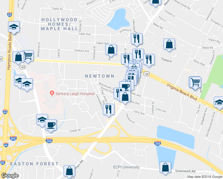 map of restaurants, bars, coffee shops, grocery stores, and more near 63 Pawnee Drive in Norfolk
