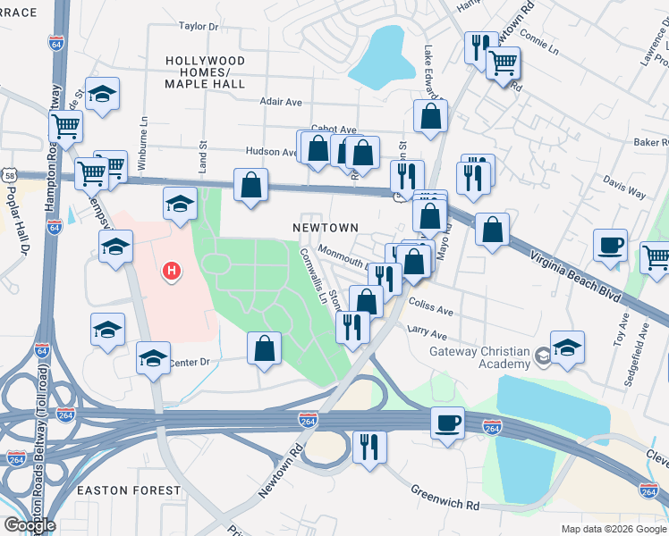 map of restaurants, bars, coffee shops, grocery stores, and more near 6582 Stoney Point North in Norfolk