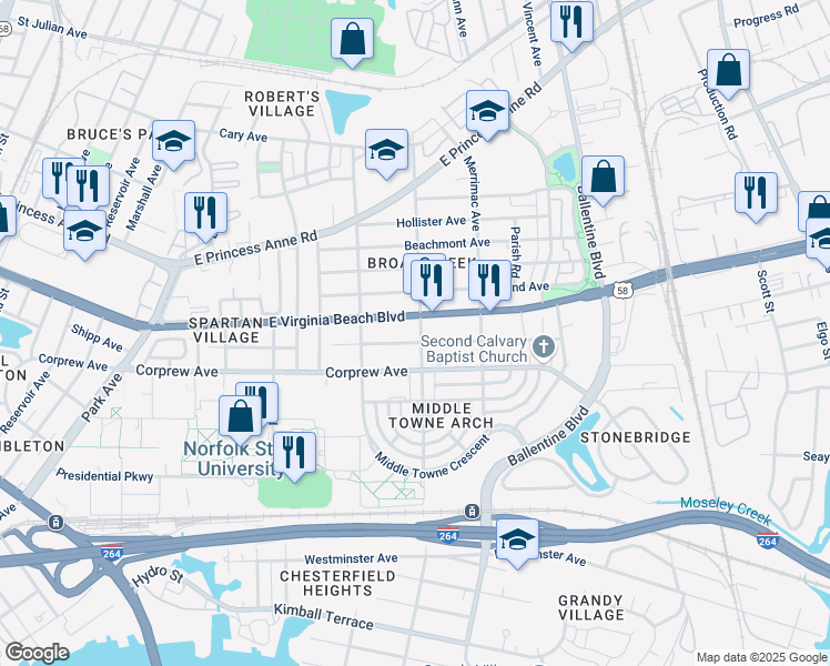 map of restaurants, bars, coffee shops, grocery stores, and more near 2737 East Virginia Beach Boulevard in Norfolk