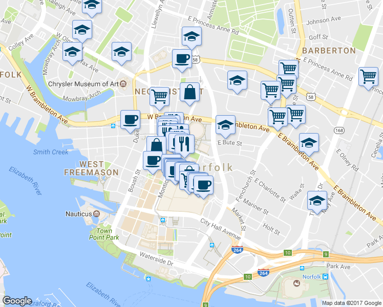 map of restaurants, bars, coffee shops, grocery stores, and more near in Norfolk