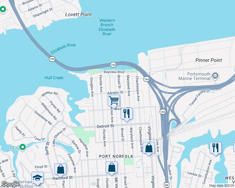 map of restaurants, bars, coffee shops, grocery stores, and more near 2706 Adriatic Street in Portsmouth
