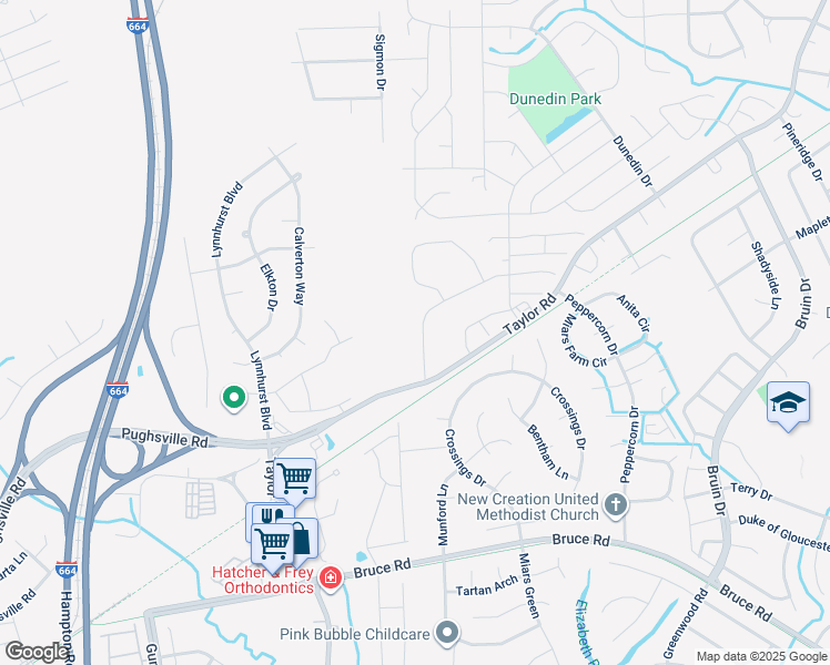 map of restaurants, bars, coffee shops, grocery stores, and more near 3305 Pampus Lane in Chesapeake