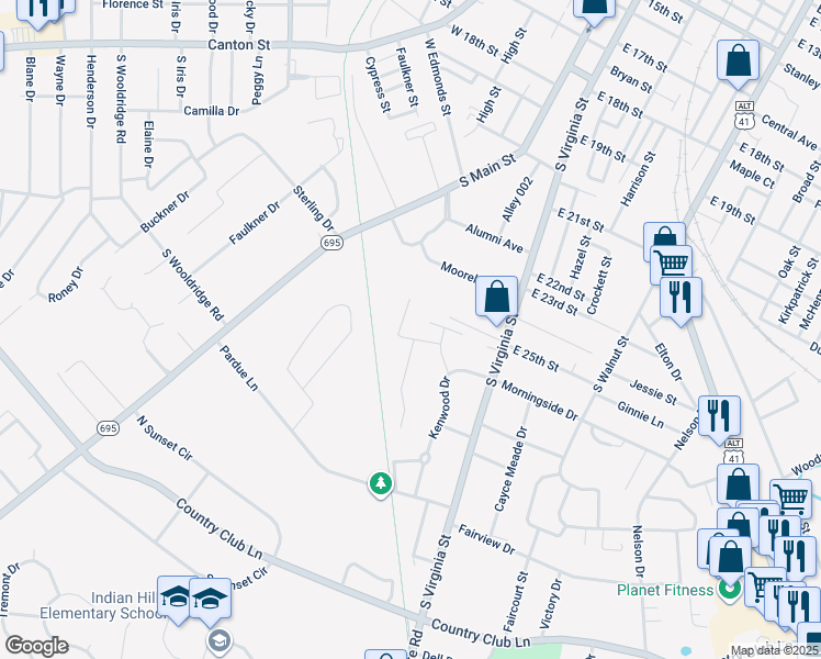 map of restaurants, bars, coffee shops, grocery stores, and more near 1400 Denzil Drive in Hopkinsville