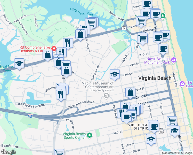 map of restaurants, bars, coffee shops, grocery stores, and more near 622 Seawatch Cove in Virginia Beach
