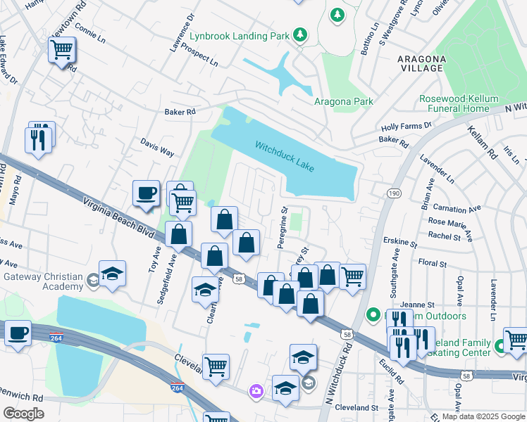 map of restaurants, bars, coffee shops, grocery stores, and more near 424 Adkins Arch in Virginia Beach