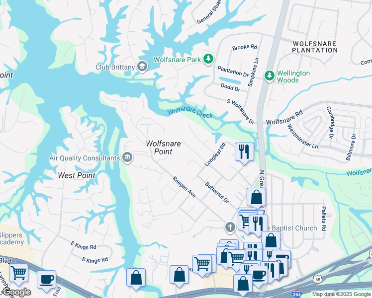 map of restaurants, bars, coffee shops, grocery stores, and more near 2529 Peritan Road in Virginia Beach