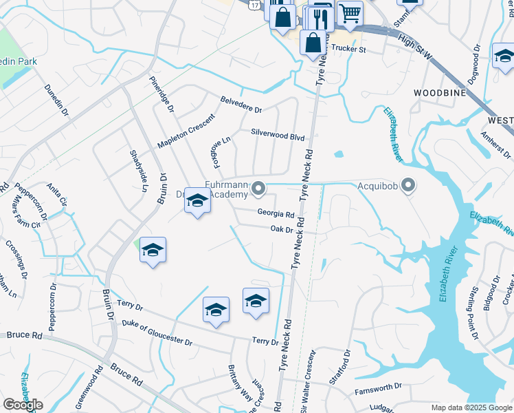 map of restaurants, bars, coffee shops, grocery stores, and more near 4028 Georgia Road in Chesapeake