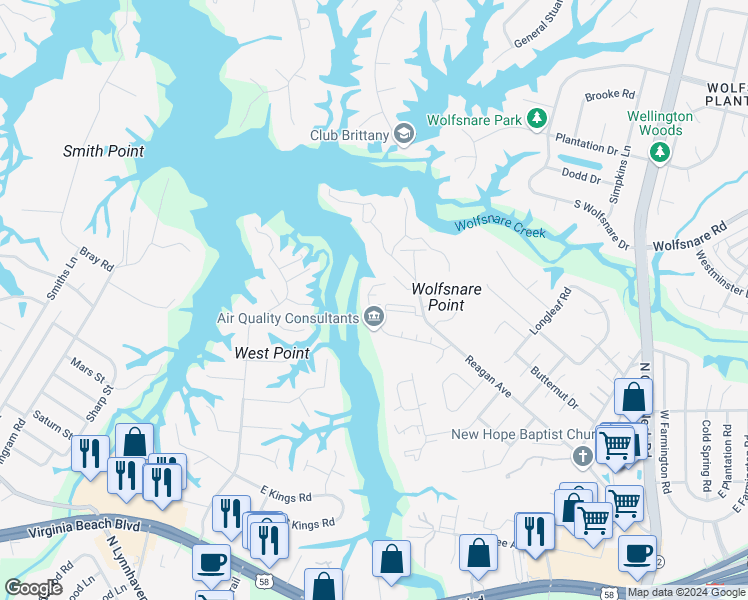 map of restaurants, bars, coffee shops, grocery stores, and more near 2624 Cove Point Place in Virginia Beach
