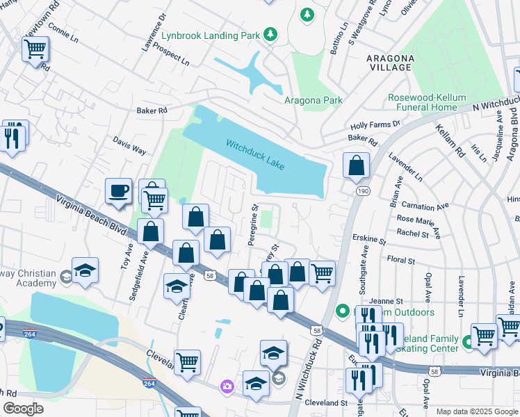map of restaurants, bars, coffee shops, grocery stores, and more near 461 Peregrine Street in Virginia Beach