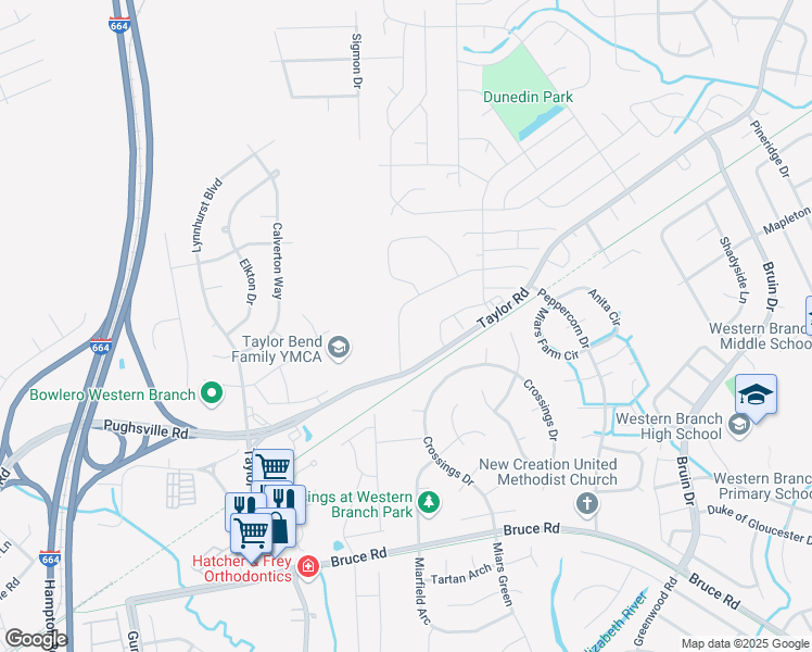 map of restaurants, bars, coffee shops, grocery stores, and more near 3305 Pampus Lane in Chesapeake