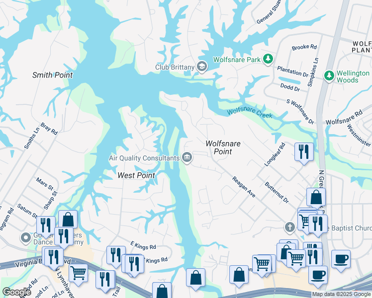 map of restaurants, bars, coffee shops, grocery stores, and more near 2622 Cove Point Place in Virginia Beach
