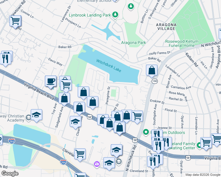 map of restaurants, bars, coffee shops, grocery stores, and more near 466 Peregrine Street in Virginia Beach