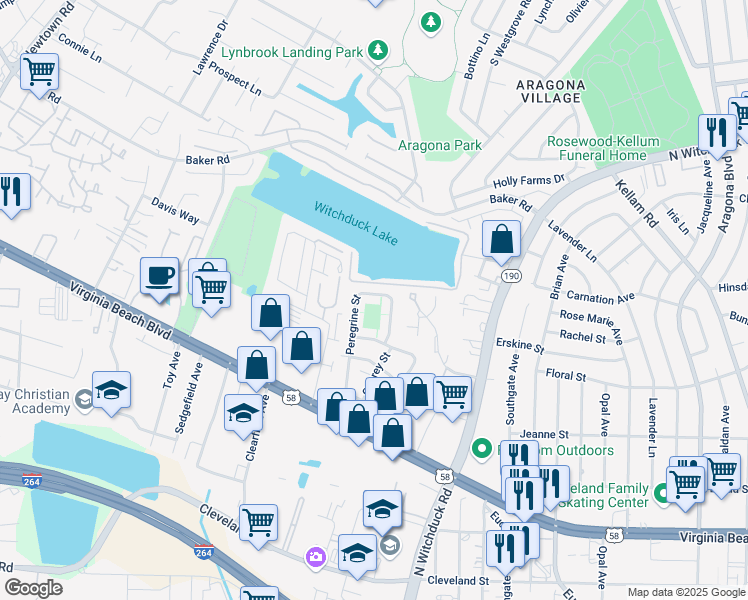 map of restaurants, bars, coffee shops, grocery stores, and more near 528 Peregrine Street in Virginia Beach