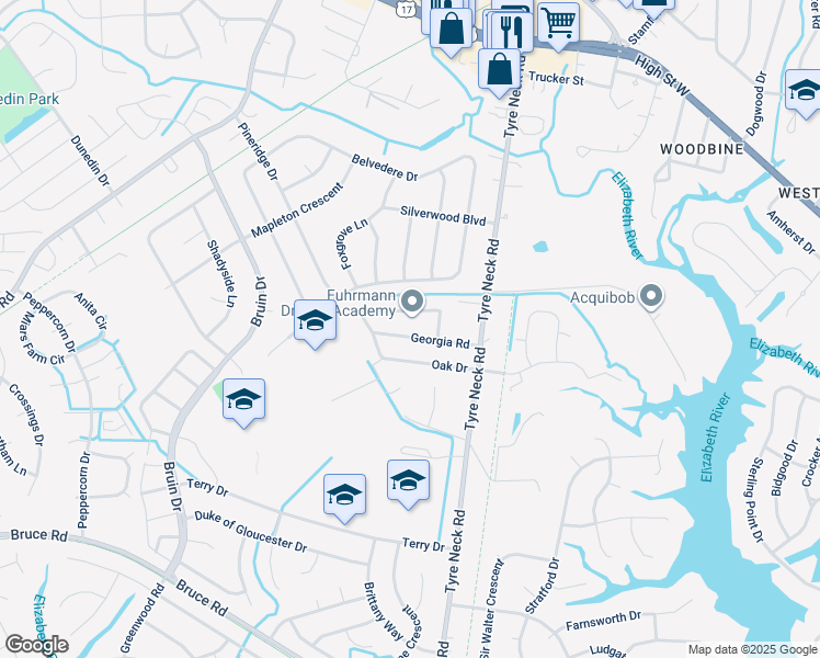 map of restaurants, bars, coffee shops, grocery stores, and more near 4028 Georgia Road in Chesapeake
