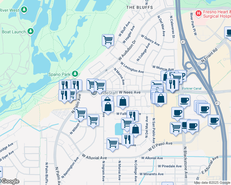 map of restaurants, bars, coffee shops, grocery stores, and more near 445 West Nees Avenue in Fresno
