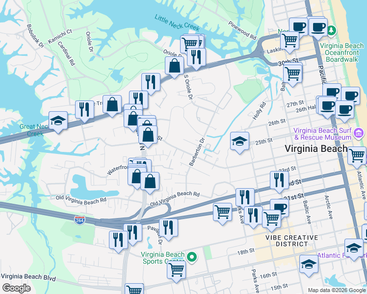 map of restaurants, bars, coffee shops, grocery stores, and more near 909 24th Street in Virginia Beach