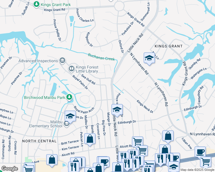 map of restaurants, bars, coffee shops, grocery stores, and more near 628 Mango Drive in Virginia Beach